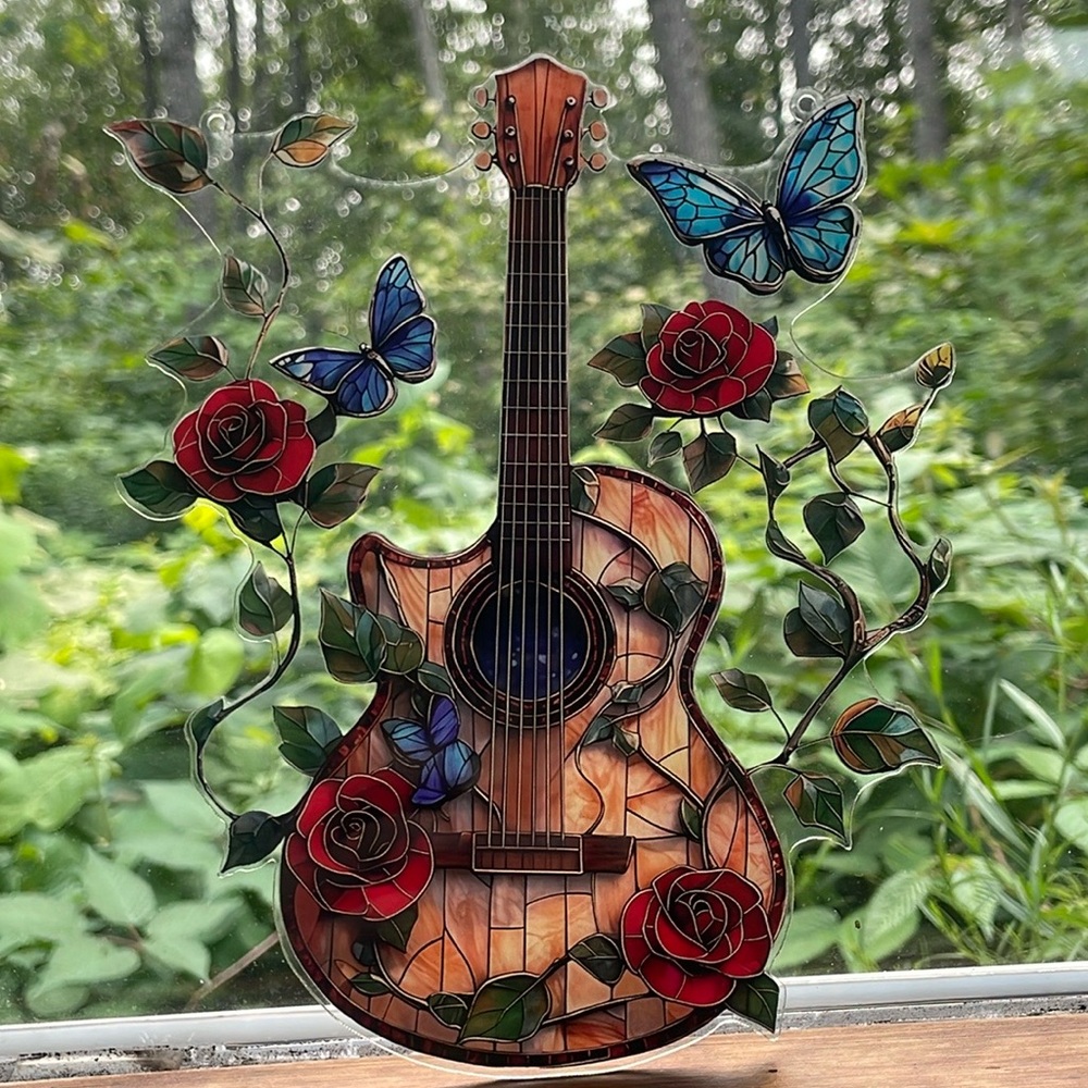 Suncatcher Acrylic Acoustic Guitar Music Instrument Butterfly Rose Design Decor